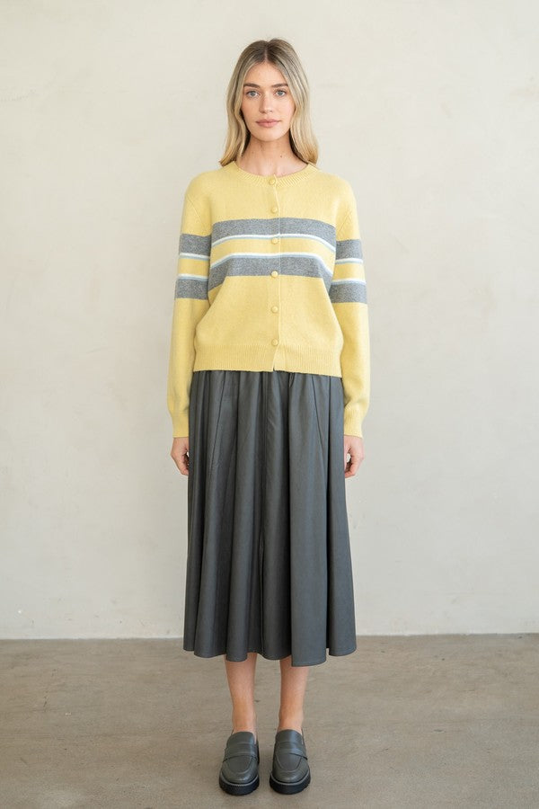 Elle Grey Soft Touch Crew Neck Cardigan in Yellow Combo, front view, full length