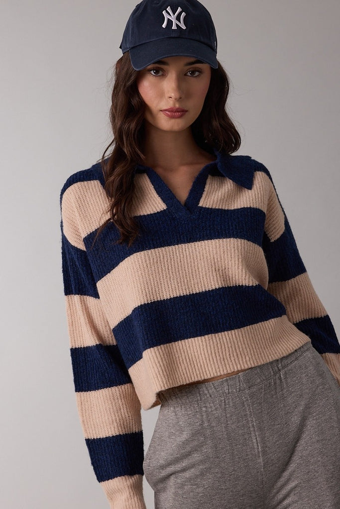 cozy striped knit top, sporty stripe sweater, relaxed fit collared sweater, boutique striped sweater, textured knit sweater, off-duty sweater outfit, winter striped sweater