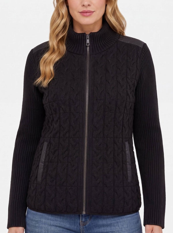 Liverpool Long Sleeve Zip Front Quilted Sweater Jacket in Black, front view