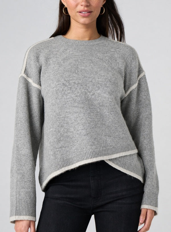 Liverpool Long Sleeve Tulip Hem Crewneck Sweater in Light Heather Grey With Cream, front view