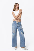 Flying Monkey High Rise Drawstring Wide Leg Drawstring in Flamenco, front three-quarter view