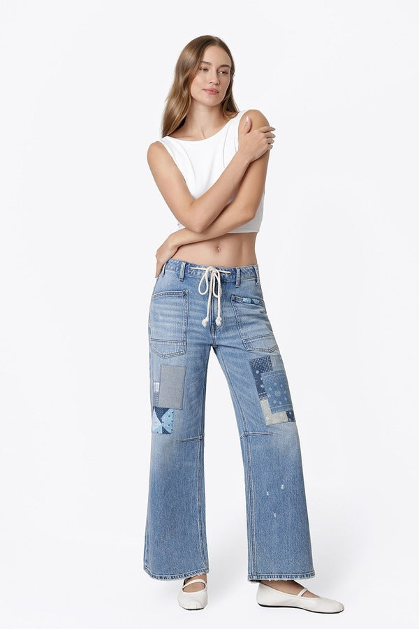 Flying Monkey High Rise Drawstring Wide Leg Drawstring in Flamenco, front three-quarter view