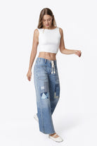 Flying Monkey High Rise Drawstring Wide Leg Drawstring in Flamenco, side three-quarter view