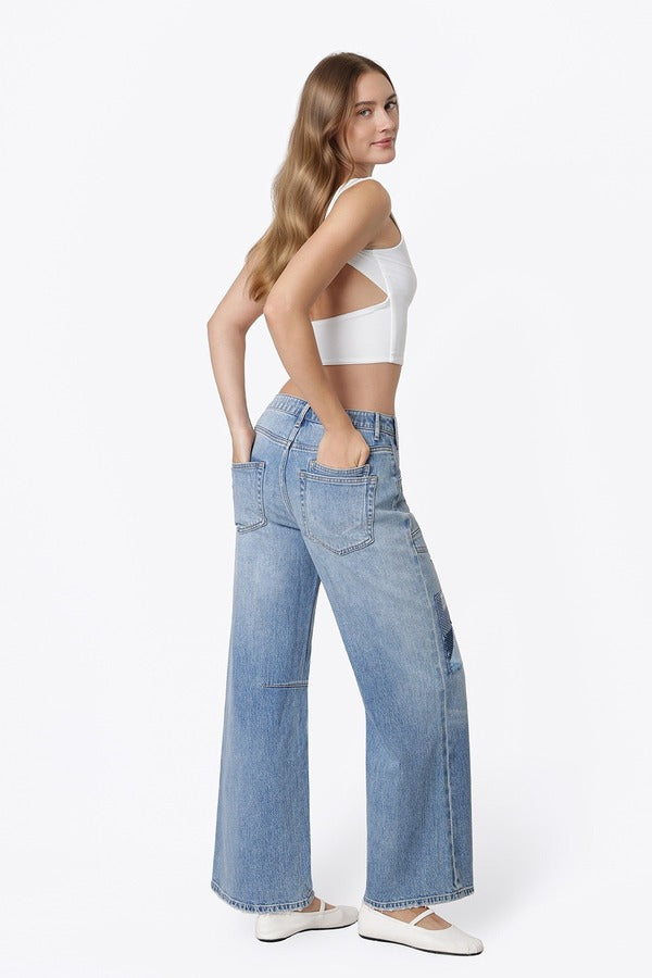 Flying Monkey High Rise Drawstring Wide Leg Drawstring in Flamenco, back three-quarter view