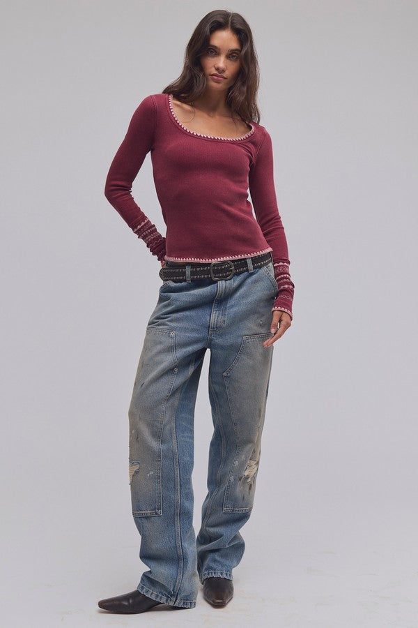Free People Aspen Thermal in Cabernet Combo, front view, full length