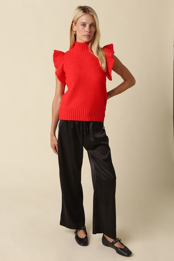 Olivaceous Wide Leg Side Stripe Pants in Black Cream, front view