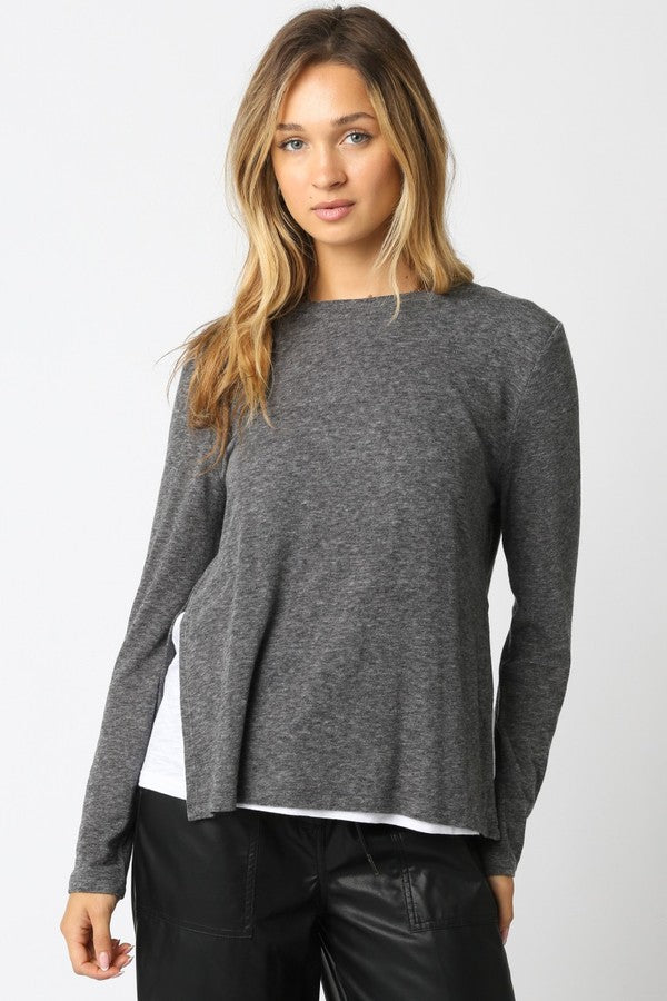 Olivaceous Layered Crewneck Knit Long Sleeve Top in Heather Grey/White, front view