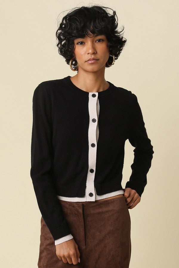 Olivaceous Contrast Detail Button Up Cardigan in Black Ecru, front view