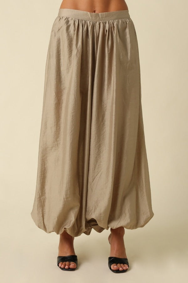 Olivaceous Elastic Waist Wide Leg Balloon Pants in Khaki, front view