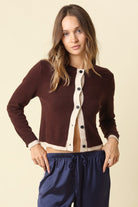 Olivaceous Contrast Detail Button Up Cardigan in Brown Oatmeal, front view