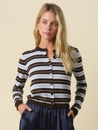 Olivaceous Stripe Button Up Sweater Cardigan in Coffee Lt Blue Ivory, front view