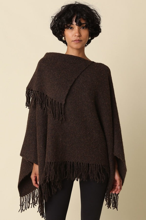 Olivaceous Layered Fringe Detail Pancho in Brown, front view