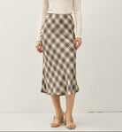 Be Cool Flowy Plaid Print Midi Skirt with Elastic Waist in Charcoal, front view