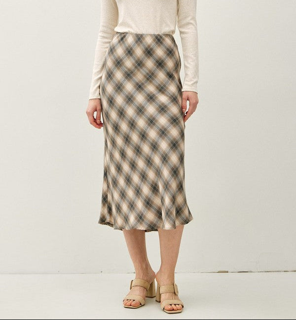 Be Cool Flowy Plaid Print Midi Skirt with Elastic Waist in Charcoal, front view