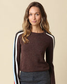 Olivaceous Contrast Sleeve Stripe Sweater in Coffee Multi, front view