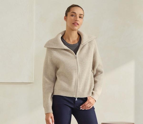 Yelete Luxe Funnel Neck Cardigan in Oat, front view