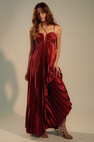 Aakaa Pleated Satin Maxi Dress in Burgundy, front view