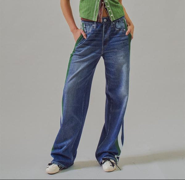 Urban Daizy Wide Leg Faux Denim Print French Terry Track Pants in Denim, front view