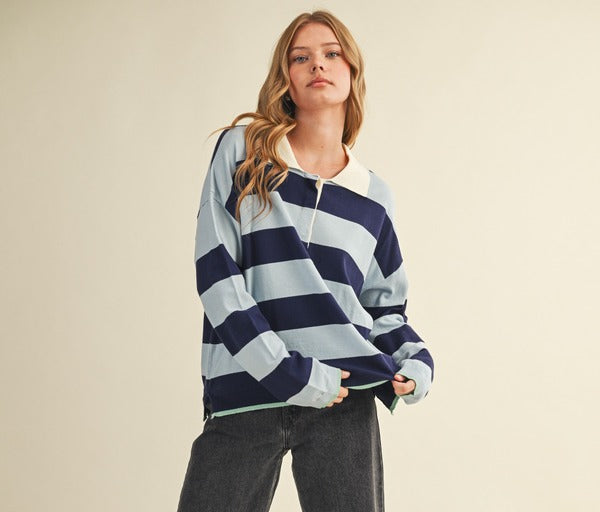 & Merci Striped Rugby Sweater in Blue/Navy, front view