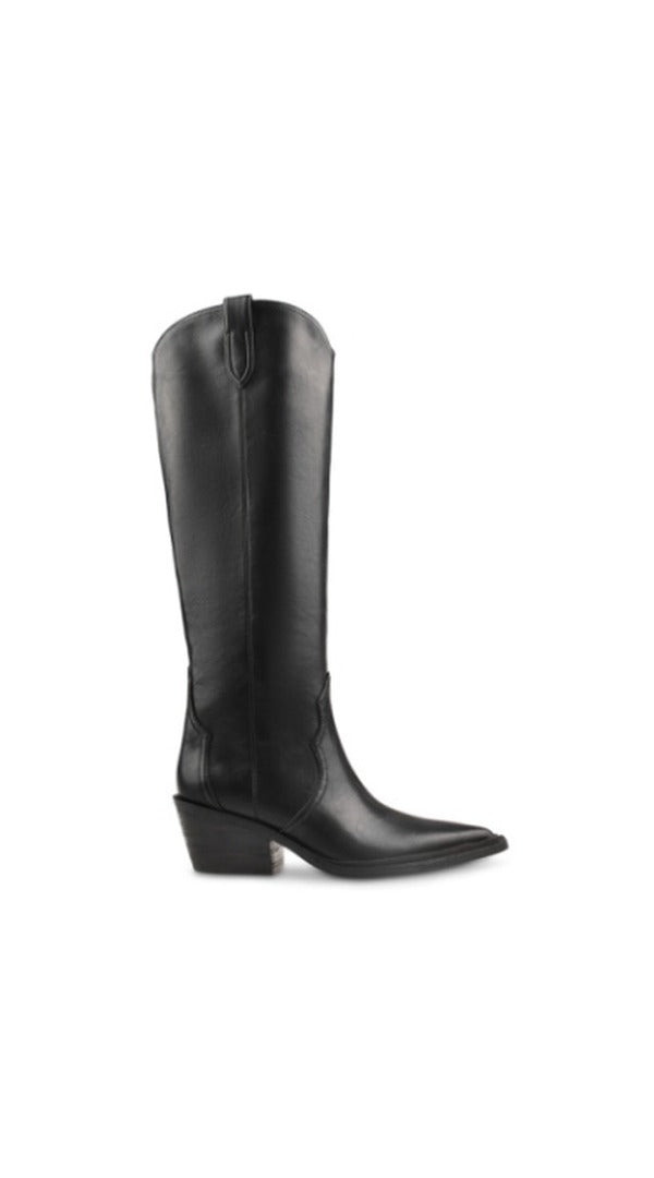 Black leather knee-high western boot with pointed toe and stacked block heel, side profile on a white background.