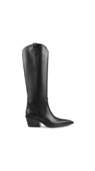 Black leather knee-high western boot with pointed toe and stacked block heel, side profile on a white background.