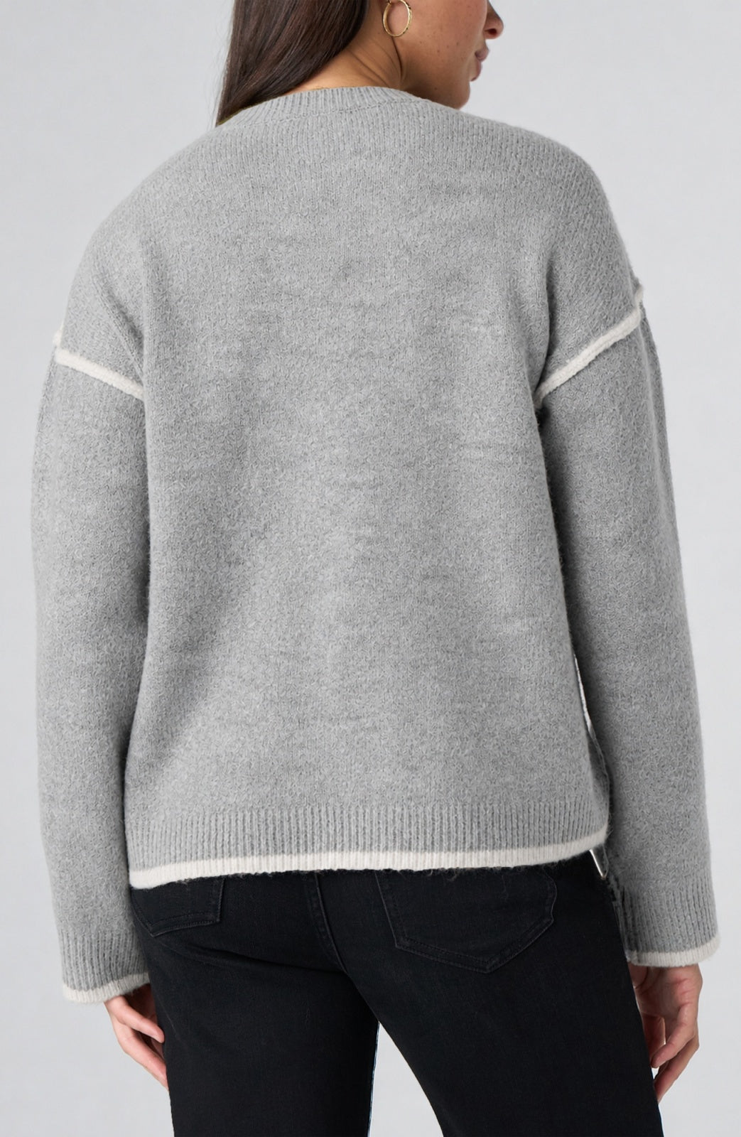 Liverpool Long Sleeve Tulip Hem Crewneck Sweater in Light Heather Grey With Cream, back view