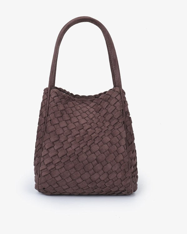 Remi & Reid Hollace Mini Tote Woven Faux Suede in Chocolate, front view