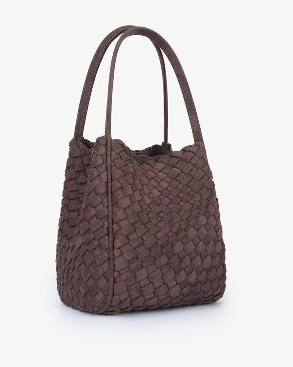 Remi & Reid Hollace Mini Tote Woven Faux Suede in Chocolate, front angled view