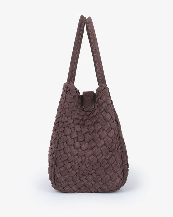 Remi & Reid Hollace Mini Tote Woven Faux Suede in Chocolate, side view