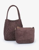 Remi & Reid Hollace Mini Tote Woven Faux Suede in Chocolate, shown with matching pouch