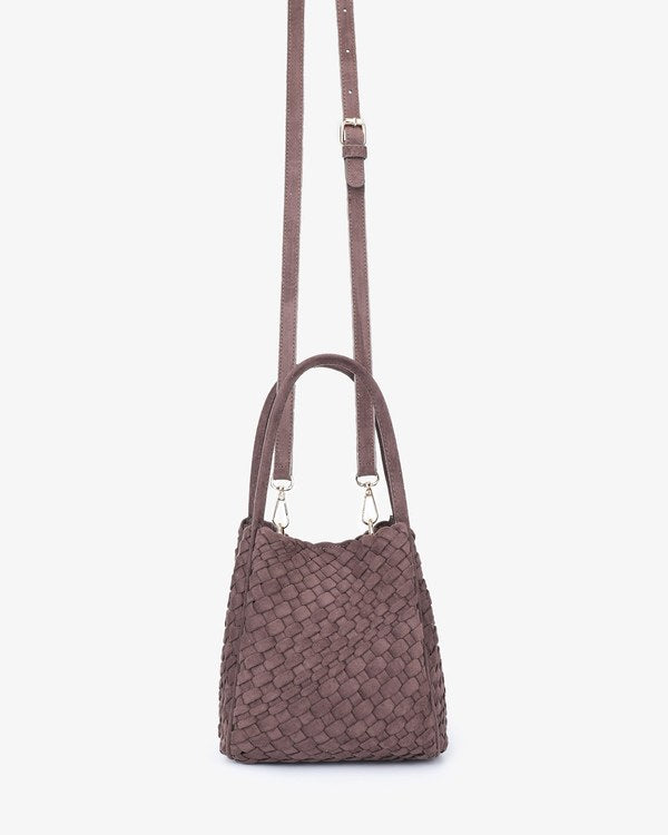 Remi & Reid Hollace Mini Tote Woven Faux Suede in Chocolate, with crossbody strap attached, front view