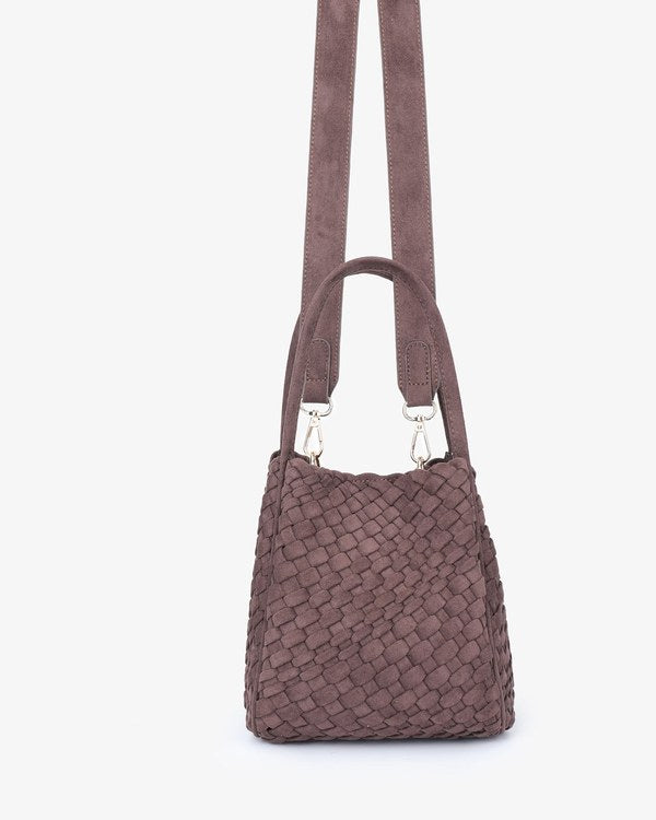 Remi & Reid Hollace Mini Tote Woven Faux Suede in Chocolate, with strap attached, angled view