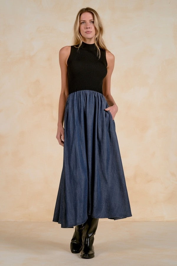 Elan Mock Neck Sleeveless Maxi Dress in Navy Black Combo, front view