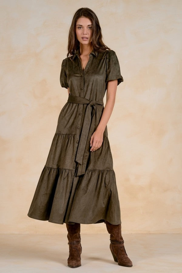 Elan Midi Tiered Dress in Olive, front view