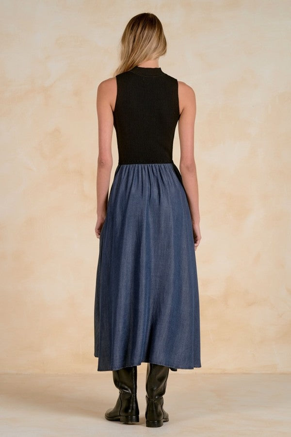 Elan Mock Neck Sleeveless Maxi Dress in Navy Black Combo, back view