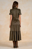 Elan Midi Tiered Dress in Olive, back view