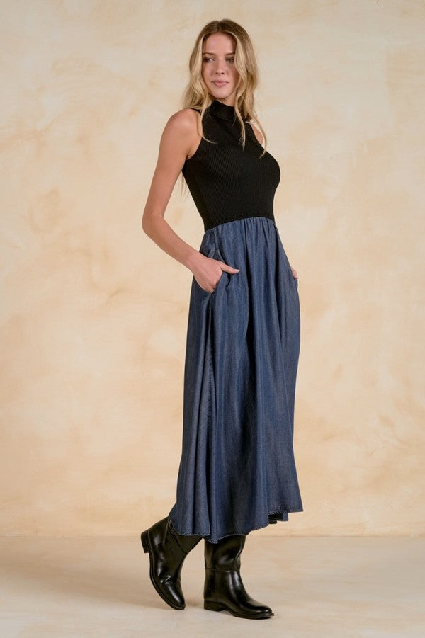 Elan Mock Neck Sleeveless Maxi Dress in Navy Black Combo, side view