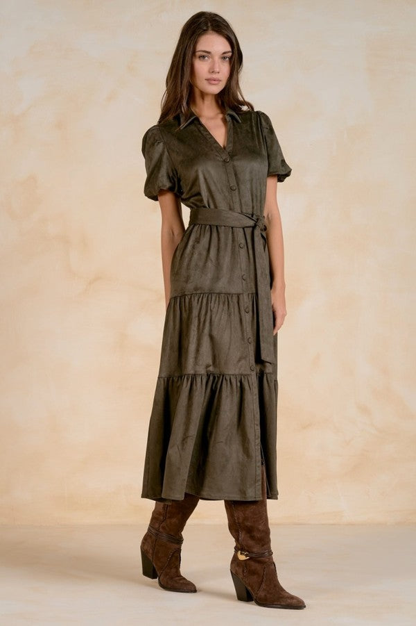 Elan Midi Tiered Dress in Olive, side view
