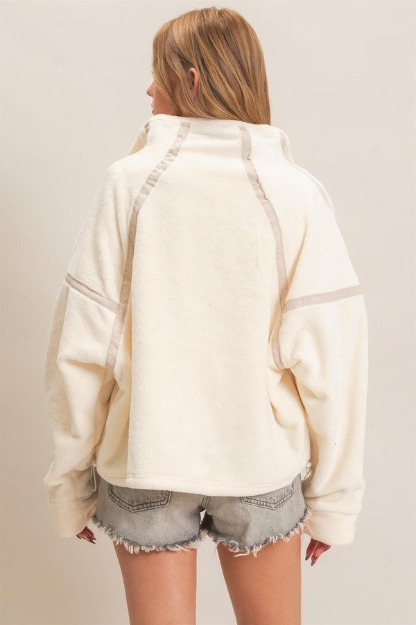 HYFVE Quarter Zip Fuzzy Pullover in Ivory, back view
