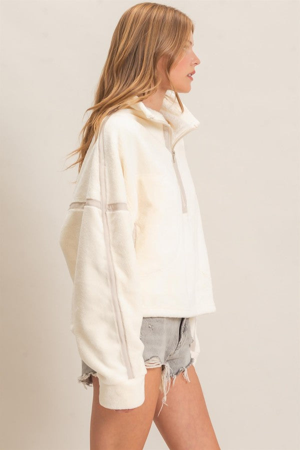 HYFVE Quarter Zip Fuzzy Pullover in Ivory, side view