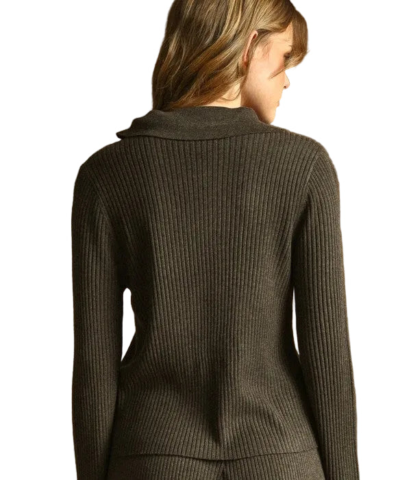 Miou Muse Zip Up Ribbed Long Sleeve Knitted Jacket in Espresso, back view
