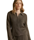 Miou Muse Zip Up Ribbed Long Sleeve Knitted Jacket in Espresso, front view