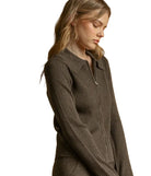 Miou Muse Zip Up Ribbed Long Sleeve Knitted Jacket in Espresso, side view