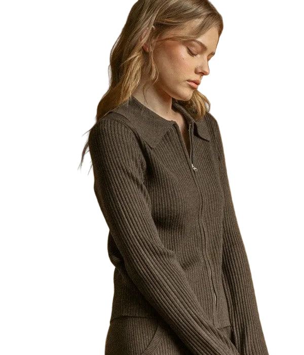 Miou Muse Zip Up Ribbed Long Sleeve Knitted Jacket in Espresso, side view