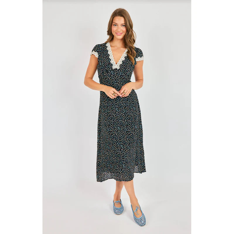 Printed midi dress with V neckline, lace trim, and short sleeves
