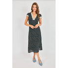 Printed midi dress with V neckline, lace trim, and short sleeves
