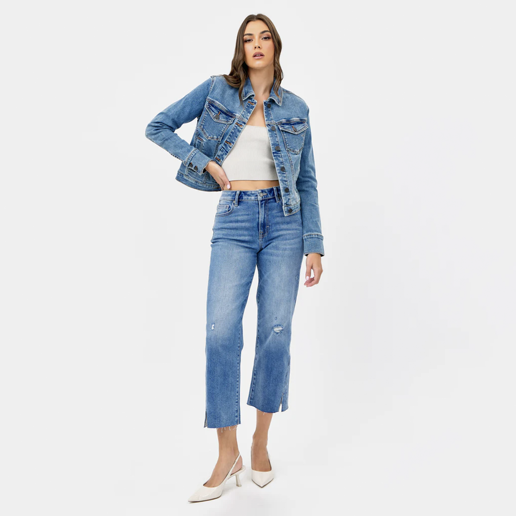 Step up your style with this Trucker Jacket for a sleek, timeless look. This tailored jean jacket adds a bold edge, effortlessly elevating any outfit.