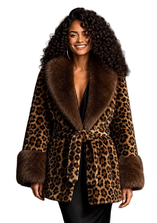 KW Fashion Leopard Faux Fur Coat in Brown, front on model view