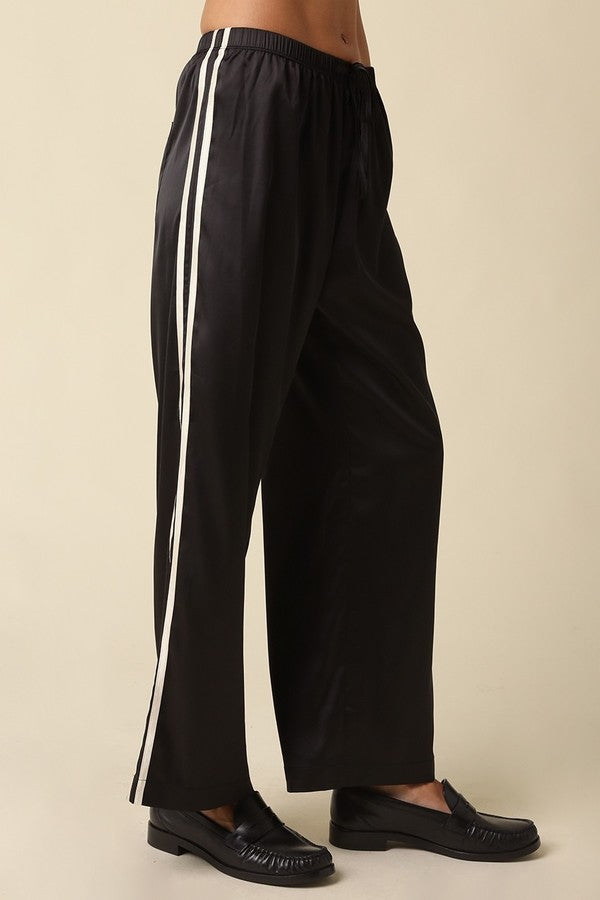 Olivaceous Wide Leg Side Stripe Pants in Black Cream, side view
