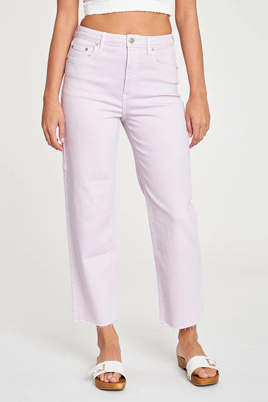 Daze Sundaze Lilac Utility Crop Jean. Take it easy like Sunday morning in this relaxed straight leg, with utility stitching in the back. Constructed in a soft lilac shade, the denim is mostly rigid, but with a touch of stretch.